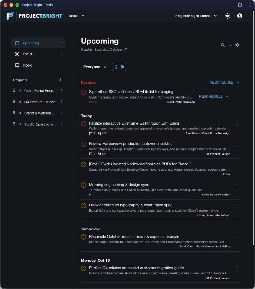 ProjectBright dark-mode workspace showing Today tasks, smart date scheduling, and shared projects