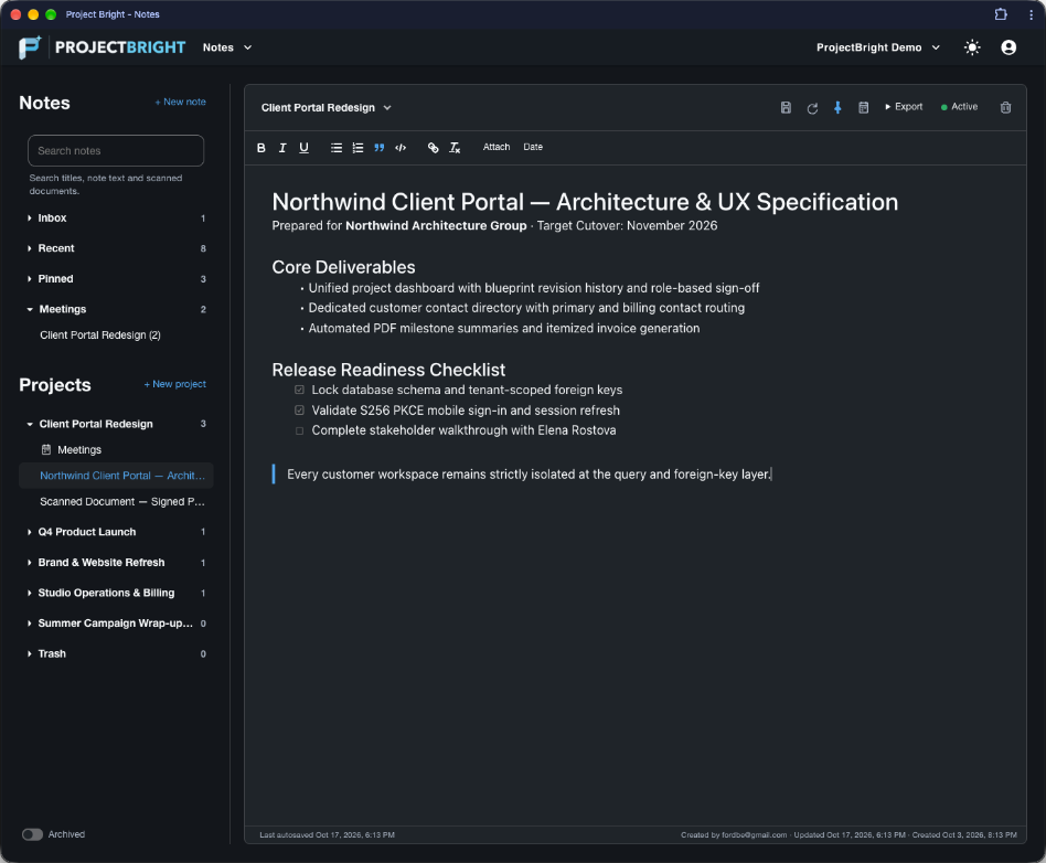 ProjectBright dark-mode Notes rich editor showing Architecture & UX Specification with checklist and project sidebar