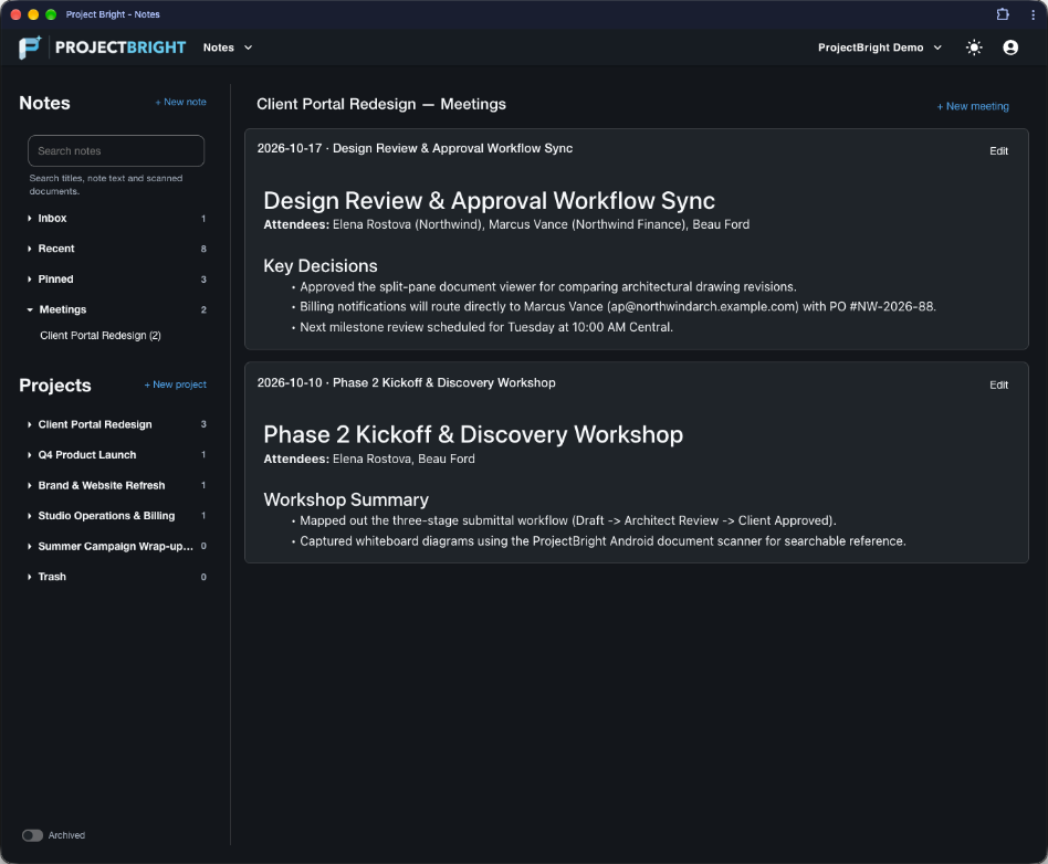 ProjectBright dark-mode continuous meeting journal showing Design Review sync and Phase 2 Kickoff