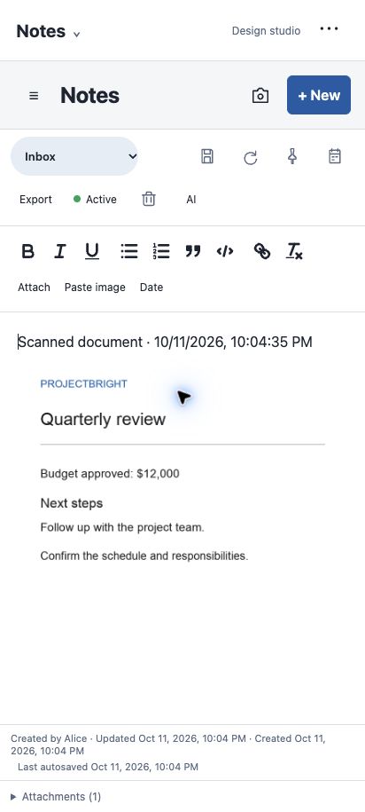 Scanned document inside a ProjectBright note with clean perspective crop