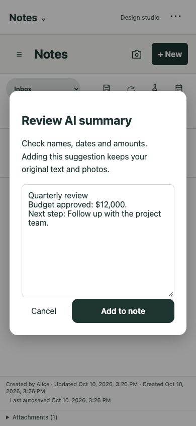 Reviewing an AI summary preview inside ProjectBright Notes