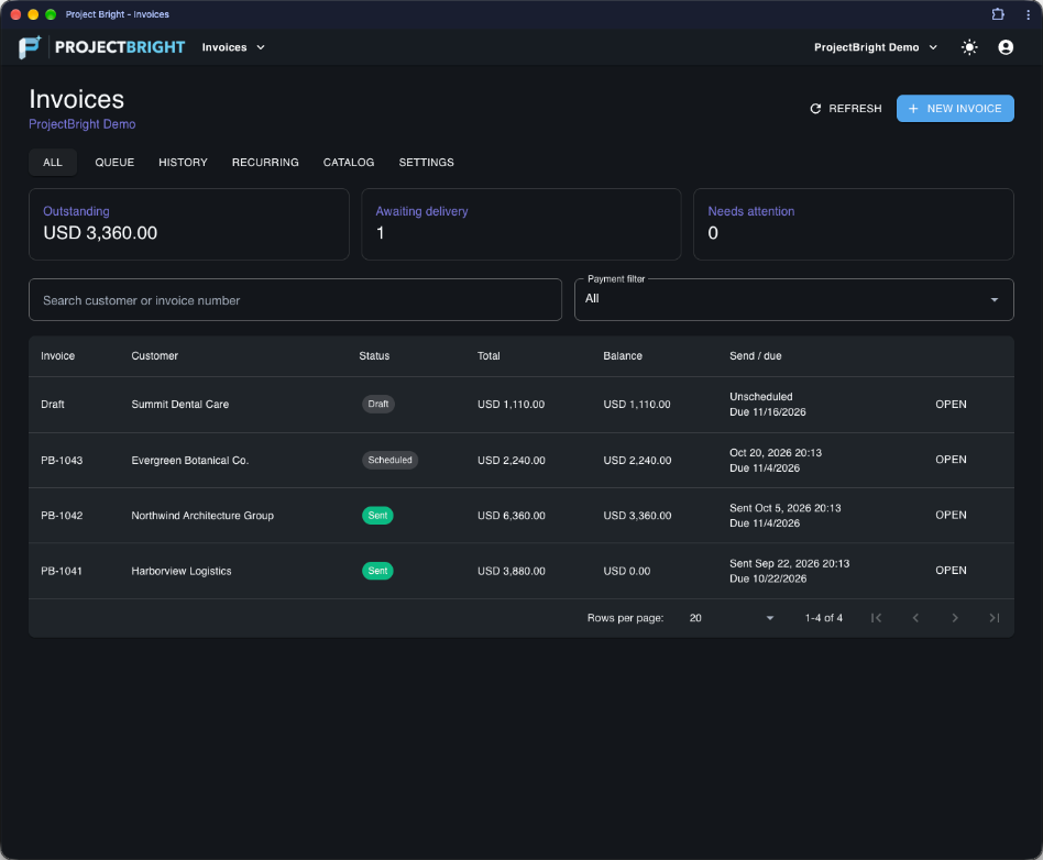 ProjectBright dark-mode Invoicing view showing scheduled retainers, payment tracking, and PDF snapshot preview
