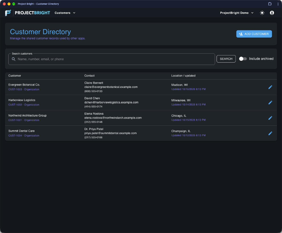 ProjectBright dark-mode Customer Directory showing client organizations, primary contacts, and locations